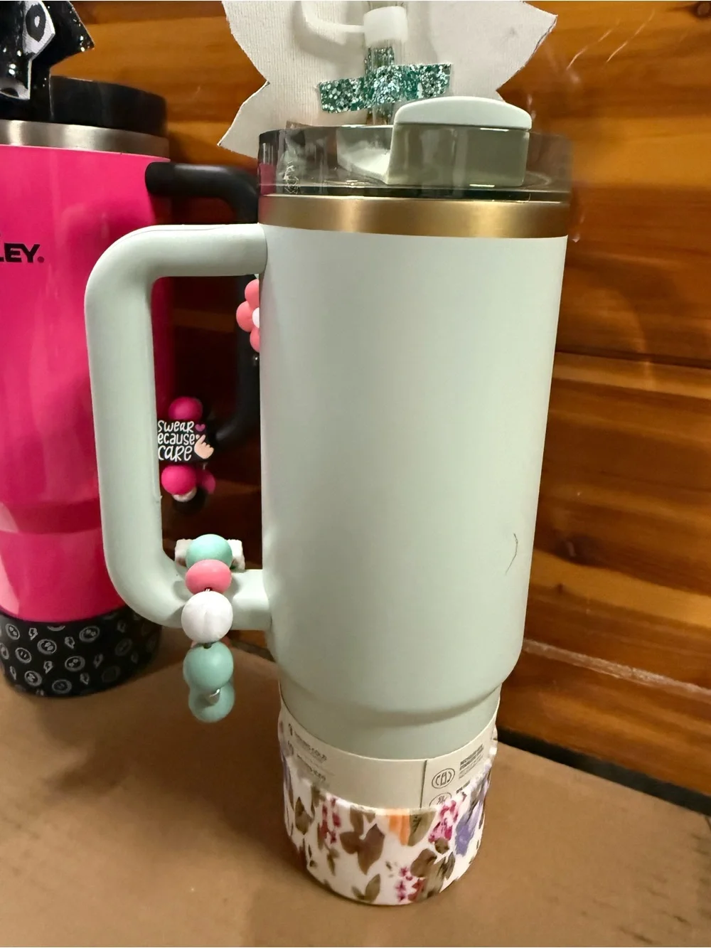 Stanley Mint Green and Gold 30oz Tumbler with Floral Bow and Bead Charms